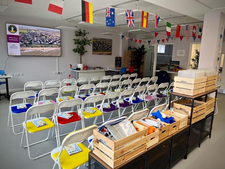 Classroom with flags in The Old Hospital